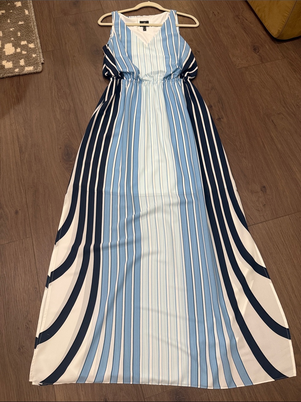 Adrianna Papell Striped V-Neck Maxi Dress in Blue and White